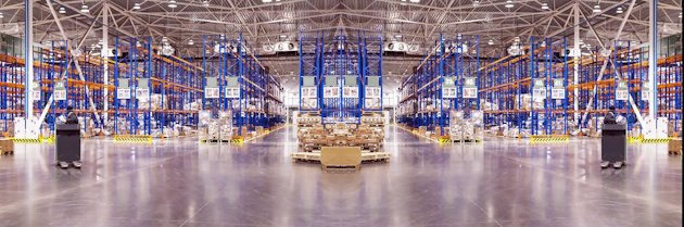 Inside a modern warehouse with automated forklifts